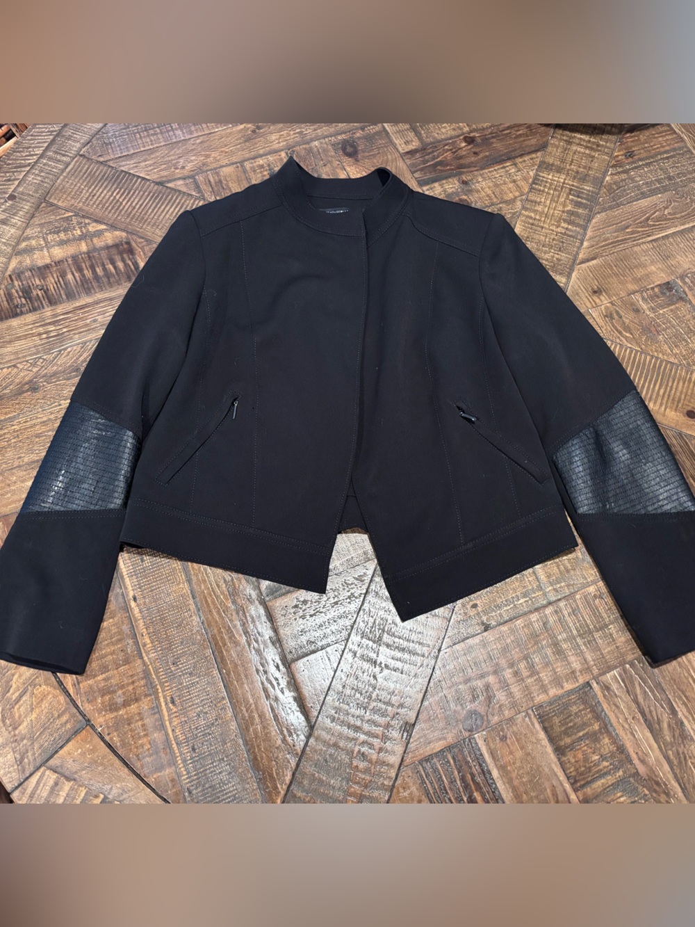 WHBM Black ribbed faux leather elbow patch moto military jacket Sz 14